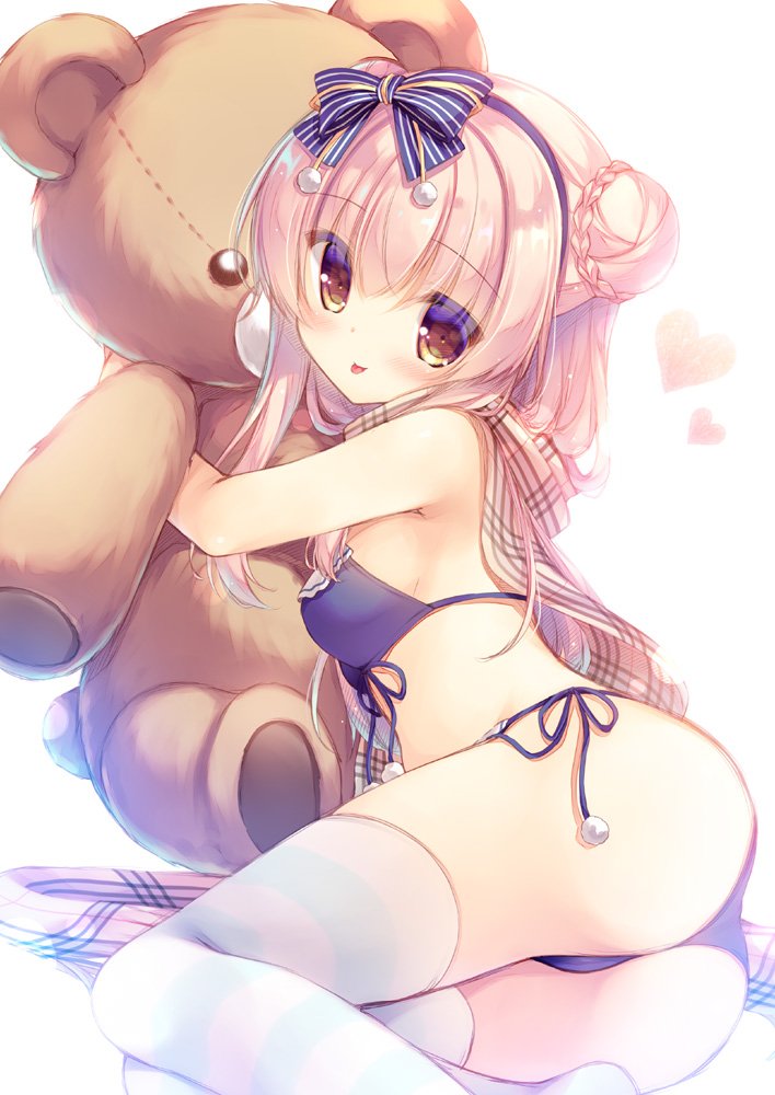 1girl :p ass bare_shoulders black_bra black_hairband black_panties blue_bow blush bow bra braid breasts brown_hair brown_scarf closed_mouth commentary_request double_bun feet_out_of_frame hair_bow hairband head_tilt heart looking_at_viewer looking_to_the_side medium_breasts object_hug original panties plaid plaid_scarf scarf side-tie_panties side_bun smile solo striped striped_bow stuffed_animal stuffed_toy teddy_bear thigh-highs tongue tongue_out underwear underwear_only white_background white_legwear yukie_(peach_candy)