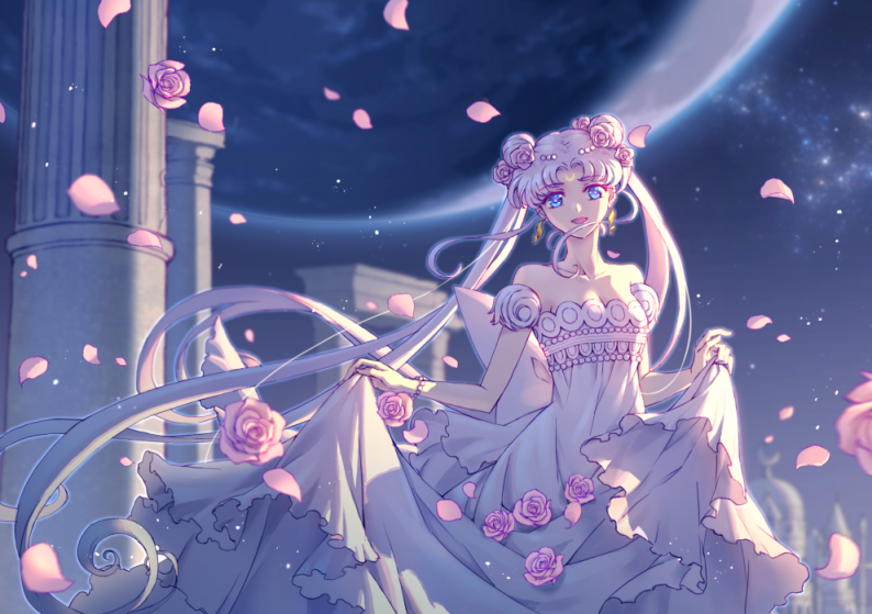 1girl absurdly_long_hair bishoujo_senshi_sailor_moon blue_eyes bracelet breasts cleavage dress floating_hair flower hair_flower hair_ornament jewelry long_dress long_hair nezumipl outdoors petals pink_flower pink_rose princess_serenity rose silver_hair skirt_hold sleeveless sleeveless_dress small_breasts solo standing twintails very_long_hair white_dress