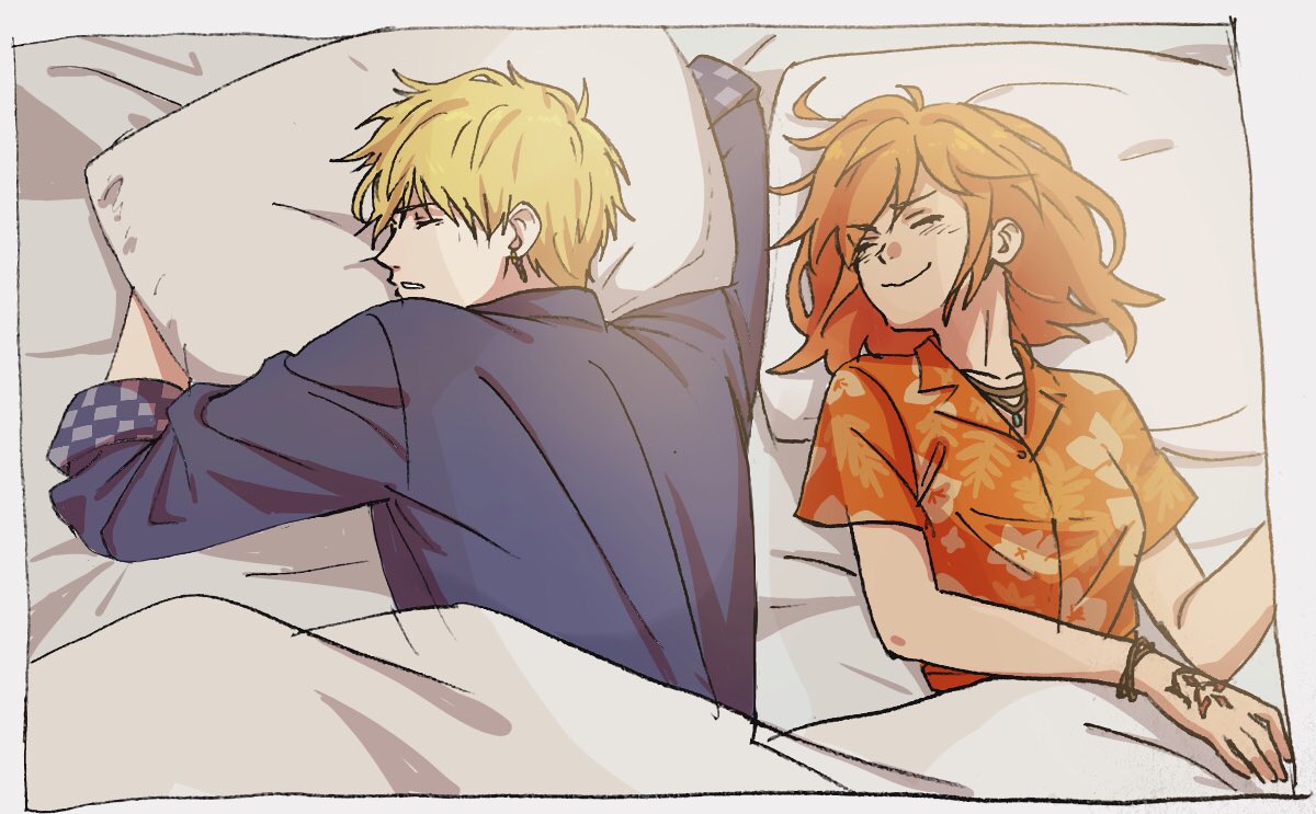 1boy 1girl black_border blonde_hair blue_shirt blush border bracelet closed_eyes command_spell commentary_request fate/grand_order fate_(series) floral_print gilgamesh hawaiian_shirt jewelry lying mi_(pic52pic) necklace on_back orange_hair orange_shirt parted_lips pillow shirt short_hair short_sleeves sleeping smile under_covers
