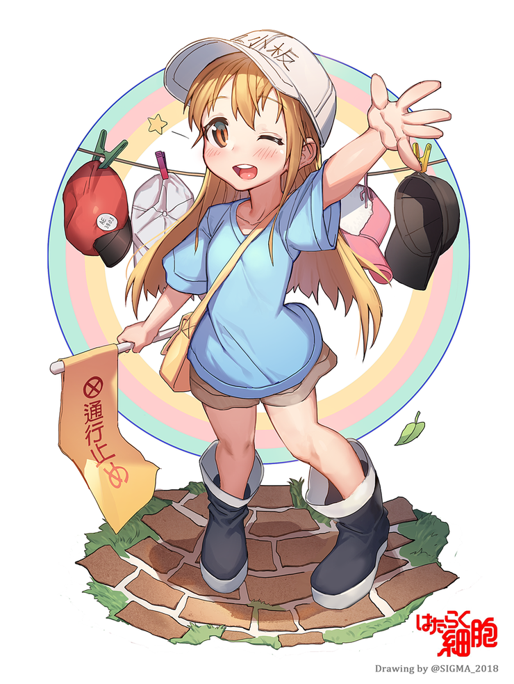 1girl bag black_footwear blue_shirt blush brown_eyes brown_hair character_name child clothes_writing clothesline flag flat_cap grey_shorts hat hataraku_saibou holding holding_flag long_hair looking_at_viewer open_mouth platelet_(hataraku_saibou) shirt short_sleeves shorts shoulder_bag smile solo upper_teeth white_hat ya+ma