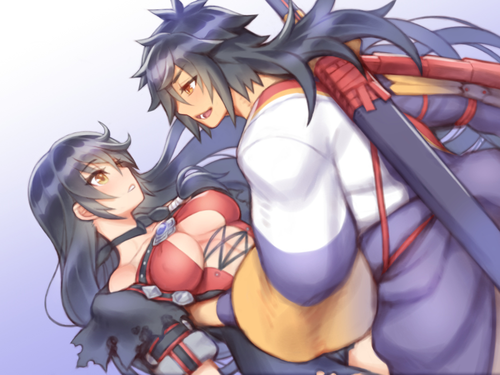 1boy 1girl bare_shoulders black_hair black_neckwear blue_background breasts choker couple dutch_angle folks_(nabokof) gradient gradient_background hetero japanese_clothes kimono long_hair looking_at_another medium_breasts open_mouth profile rokurou_rangetsu scabbard sheath simple_background smile tales_of_(series) tales_of_berseria velvet_crowe white_background yellow_eyes