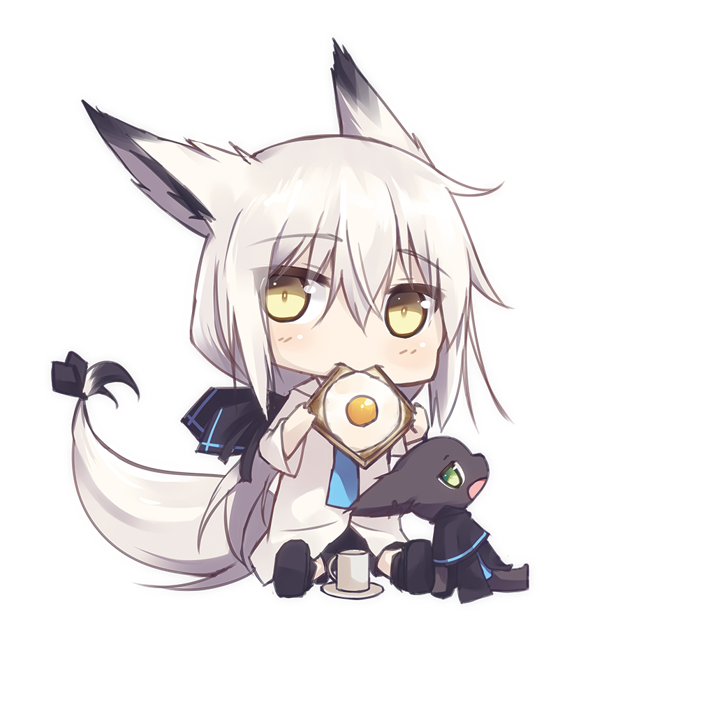 1girl animal animal_ears chibi commentary_request eating egg_yolk eyebrows_visible_through_hair food food_in_mouth fox_ears fox_tail hair_ribbon long_hair looking_at_viewer mouth_hold nagishiro_mito original ribbon silver_hair sitting solo tail toast toast_in_mouth transparent_background yellow_eyes