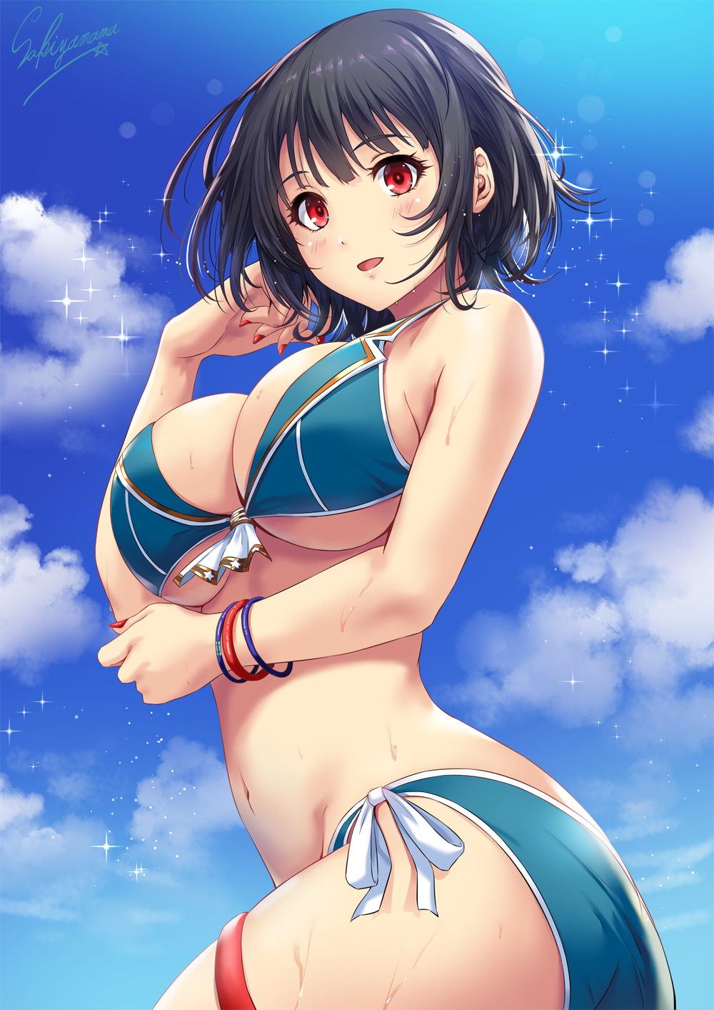 1girl adapted_costume artist_name ass bangs bikini black_hair blue_bikini blush breasts clouds commentary_request day from_side front-tie_bra hand_to_own_cheek highres kantai_collection large_breasts lips looking_at_viewer messy_hair nail nail_polish open_mouth outdoors red_eyes red_nails sakiyamama short_hair side-tie_bikini sideboob sky solo sparkle swimsuit takao_(kantai_collection) twisted_torso under_boob upper_body wet wet_clothes