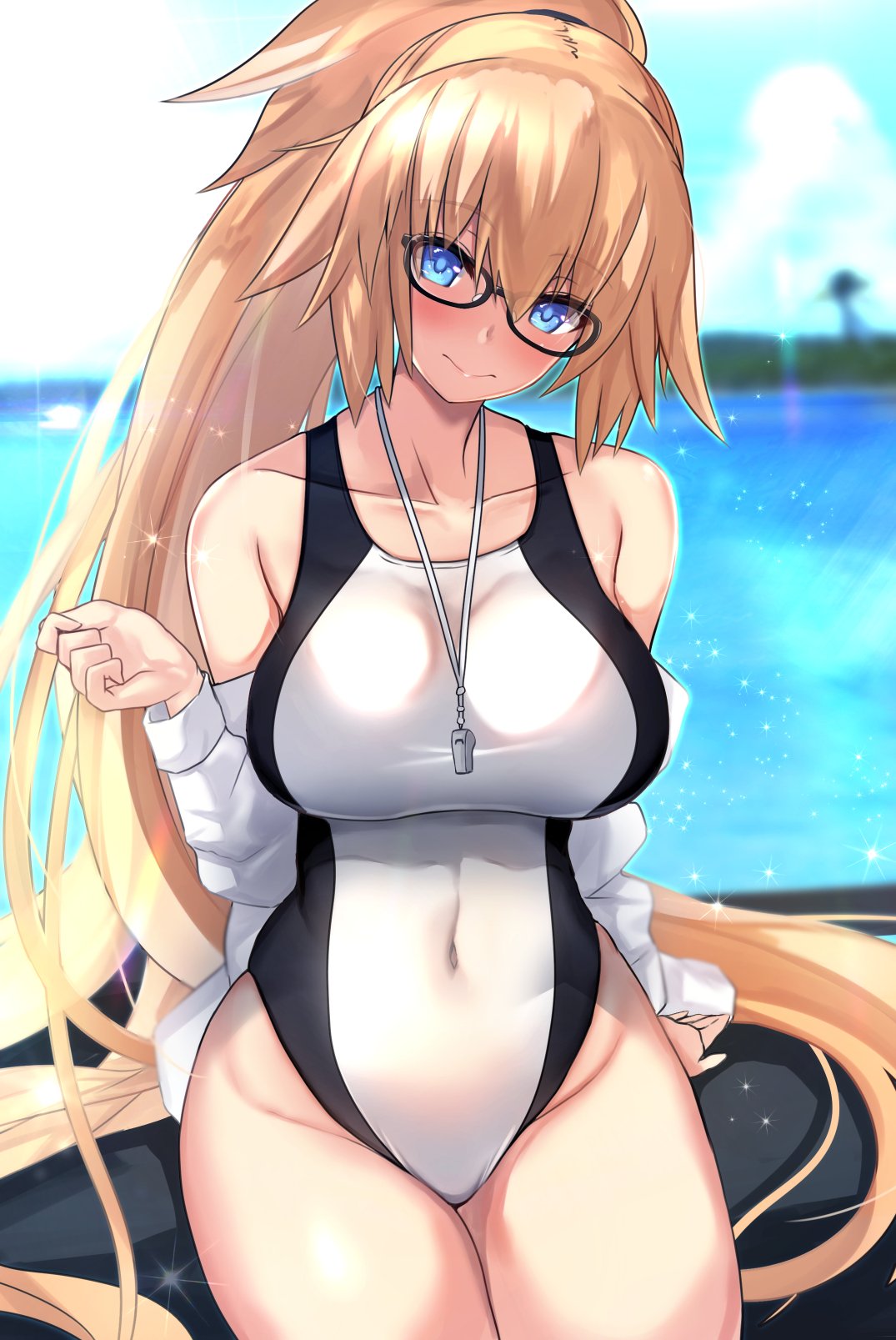 1girl bangs bare_shoulders black-framed_eyewear blonde_hair blue_eyes blush breasts closed_mouth collarbone covered_navel fate/grand_order fate_(series) glasses hair_between_eyes highres hips jacket jeanne_d'arc_(fate)_(all) jeanne_d'arc_(swimsuit_archer) large_breasts long_hair looking_at_viewer ocean off_shoulder open_clothes open_jacket ponytail sitting smile solo swimsuit thighs two-tone_swimsuit untsue very_long_hair waist whistle white_jacket white_swimsuit