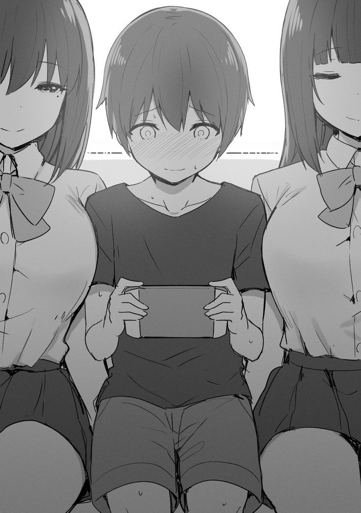 1boy 2girls age_difference bangs black_hair blank_stare blunt_bangs blush bow bowtie breasts closed_eyes collarbone collared_shirt empty_eyes eyebrows_visible_through_hair game_console greyscale hair_between_eyes handheld_game_console holding holding_handheld_game_console huge_breasts long_hair looking_at_another mole mole_under_eye monochrome multiple_girls nintendo_switch open_mouth original playing_games pleated_skirt school_uniform shirt short_sleeves shorts sitting skirt sky_(freedom) sweat t-shirt tareme thighs train_interior video_game white_shirt