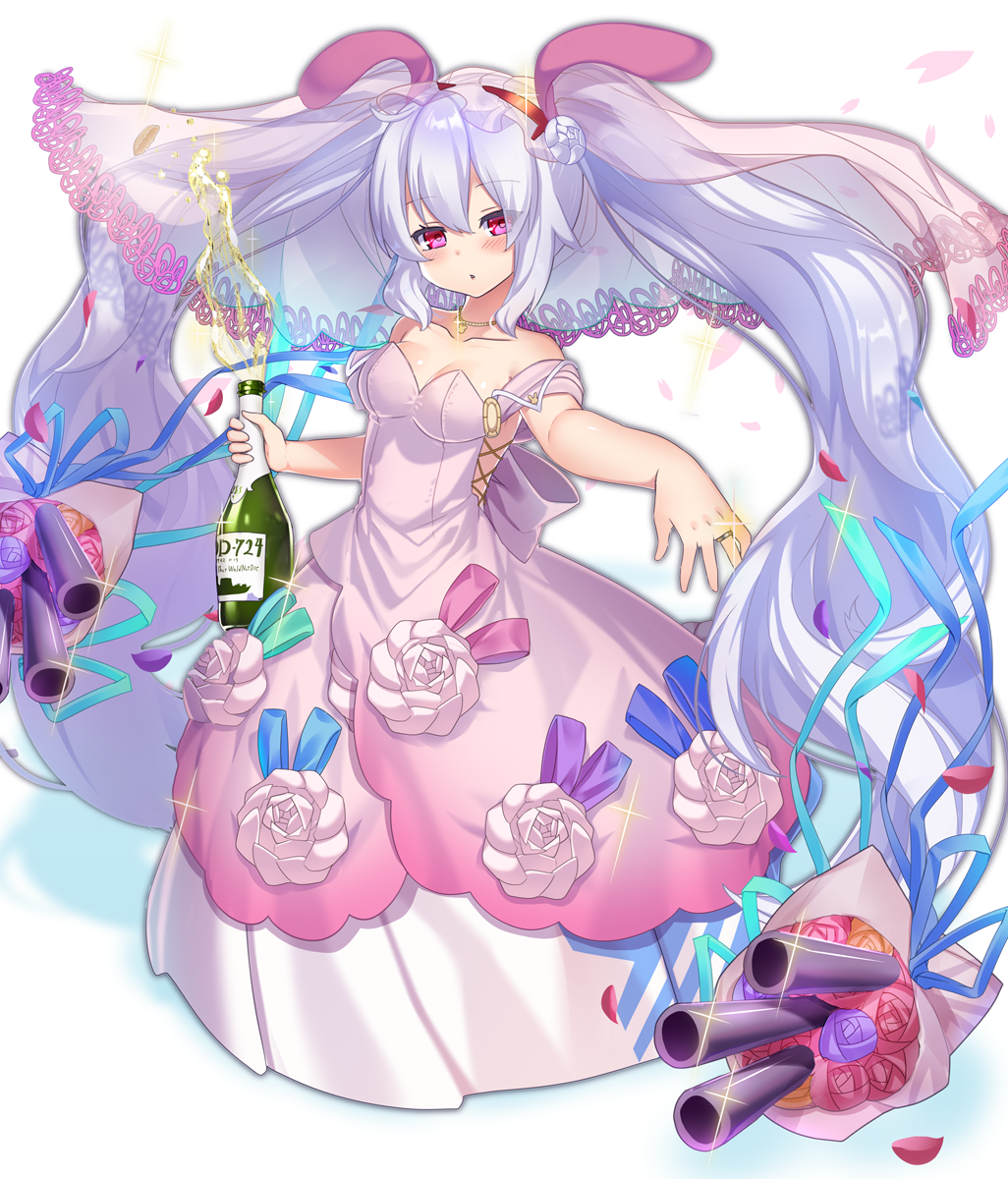 1girl alcohol animal_ears azur_lane bangs bare_shoulders blue_ribbon blush bottle bouquet breasts champagne champagne_bottle collarbone commentary_request dress eyebrows_visible_through_hair flower glint hair_between_eyes hair_flower hair_ornament hairband head_tilt highres holding holding_bottle jewelry laffey_(azur_lane) long_hair looking_at_viewer medium_breasts necklace nyori petals pink_dress pink_flower pink_rose purple_flower purple_rose rabbit_ears red_hairband ribbon ring rose see-through silver_hair solo strapless strapless_dress twintails veil very_long_hair violet_eyes wedding_band white_background white_flower white_rose yellow_flower yellow_rose