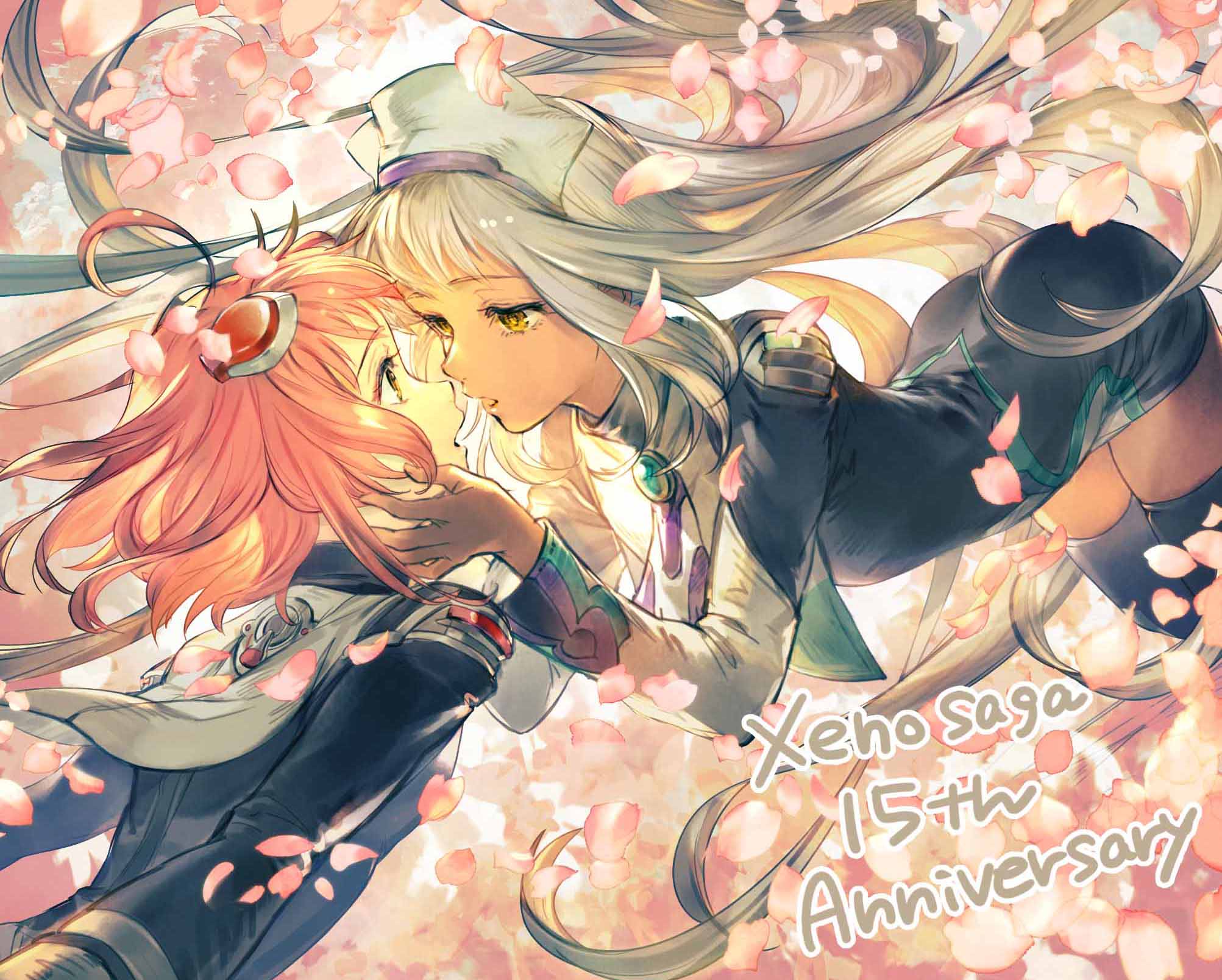 2girls ahoge anniversary bent_over black_dress black_legwear bomssp cherry_blossoms commentary_request dark_skin dress eye_contact grey_hair hair_ornament hands_on_another's_face hat highres imminent_kiss kirschwasser long_hair looking_at_another m.o.m.o. multiple_girls open_mouth petals pink_hair short_dress short_hair thigh-highs very_long_hair wind xenosaga yellow_eyes