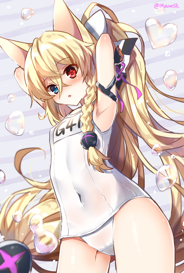 1girl animal_ears armpits arms_up bangs bare_shoulders blonde_hair blue_eyes blush bow braid breasts bubble cat_ears character_name commentary covered_navel cowboy_shot diagonal-striped_background diagonal_stripes eyebrows_visible_through_hair g41_(girls_frontline) girls_frontline hair_between_eyes hair_bow hair_ribbon heart heterochromia long_hair looking_at_viewer low-tied_long_hair mauve name_tag nose_blush parted_lips purple_ribbon red_eyes ribbon school_swimsuit side_braid single_braid small_breasts solo striped striped_background swimsuit twitter_username very_long_hair white_bow white_school_swimsuit white_swimsuit