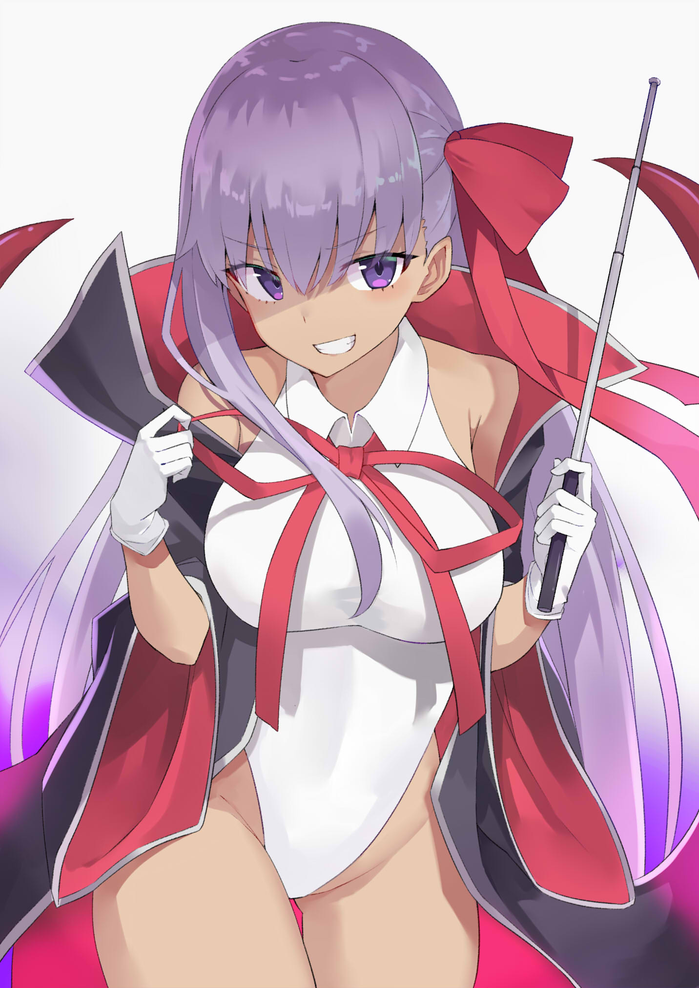 100 1girl :q bb_(fate)_(all) bb_(swimsuit_mooncancer)_(fate) black_coat cowboy_shot fate/grand_order fate_(series) gloves grin highleg highleg_leotard highres holding holding_wand leotard popped_collar purple_hair red_ribbon ribbon simple_background smile solo tan tongue tongue_out violet_eyes wand white_background white_gloves white_leotard