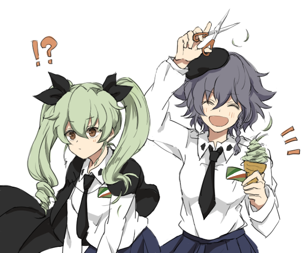 !? 2girls :d alpachiiino anchovy anzio_school_uniform bangs beret black_cape black_hair black_hat black_neckwear black_ribbon black_skirt braid brown_eyes cape cutting_hair dress_shirt drill_hair emblem facing_viewer girls_und_panzer green_hair hair_ribbon hat holding holding_scissors ice_cream_cone long_hair long_sleeves multiple_girls necktie notice_lines open_mouth pepperoni_(girls_und_panzer) pleated_skirt red_eyes ribbon school_uniform scissors shirt short_hair side_braid simple_background skirt smile standing twin_drills twintails upper_body v-shaped_eyebrows white_background white_shirt