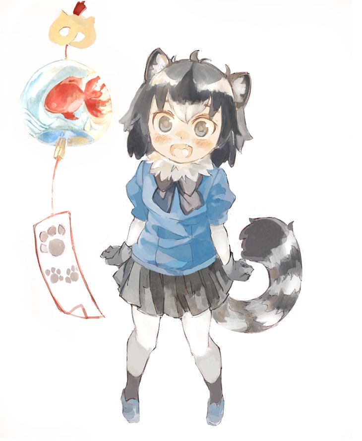 1girl animal_ears arms_at_sides blush bow bowtie commentary_request common_raccoon_(kemono_friends) elbow_gloves eyebrows_visible_through_hair fang fish from_above fur_collar gloves goldfish japari_symbol kemono_friends konabetate nose_blush open_mouth pantyhose paw_print pleated_skirt puffy_sleeves raccoon_ears raccoon_tail skirt solo tail wide-eyed