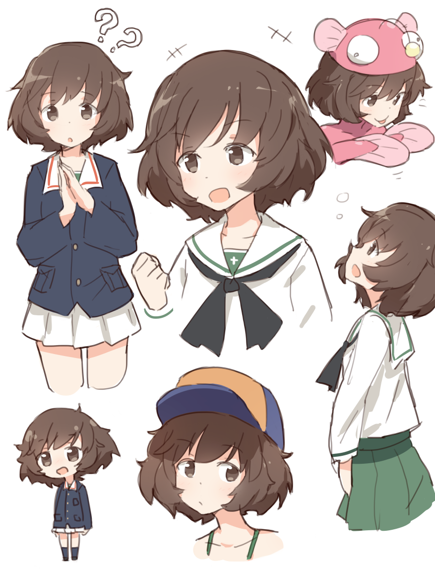 +++ 1girl :o ?? akiyama_yukari anglerfish anglerfish_costume bangs baseball_cap black_legwear black_neckwear blouse blue_hat blue_jacket brown_eyes brown_footwear brown_hair clenched_hand closed_mouth commentary coupon_(skyth) cropped_legs cropped_neck cropped_torso eyebrows_visible_through_hair from_side frown girls_und_panzer green_shirt green_skirt hands_together hat jacket loafers long_sleeves looking_at_viewer looking_up messy_hair military military_uniform miniskirt motion_lines neckerchief ooarai_military_uniform ooarai_school_uniform open_mouth pleated_skirt school_uniform serafuku shirt shoes short_hair skirt smile socks standing uniform white_background white_blouse white_skirt