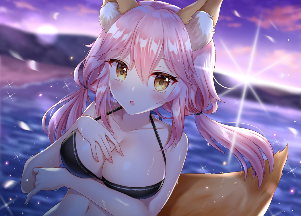 1girl :o animal_ear_fluff animal_ears arm_under_breasts backlighting bangs bare_arms bare_shoulders beach bikini bikini_top black_bikini blurry blurry_background blush breast_hold breasts brown_eyes cleavage clouds collarbone commentary_request dutch_angle fate/extra fate/grand_order fate_(series) fox_ears fox_girl fox_tail hair_between_eyes hair_tie halterneck hand_on_own_chest hand_up horizon large_breasts lens_flare long_hair low_twintails naomi_(fantasia) navel ocean open_mouth outdoors petals pink_hair shiny shiny_hair sidelocks sky solo sparkle sun sunlight swimsuit tail tamamo_(fate)_(all) tamamo_no_mae_(swimsuit_lancer)_(fate) twintails water
