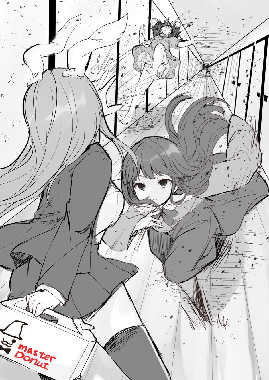 3girls animal_ears barefoot blouse bow bowtie breasts carrot_necklace collar commentary_request dress eientei expressionless frilled_collar frills greyscale hallway highres houraisan_kaguya inaba_tewi indoors jacket karasusou_nano long_hair looking_at_another miniskirt monochrome multiple_girls outstretched_arm package rabbit rabbit_ears reisen_udongein_inaba running short_hair skirt sliding_doors spot_color thigh-highs touhou wide_sleeves wooden_floor