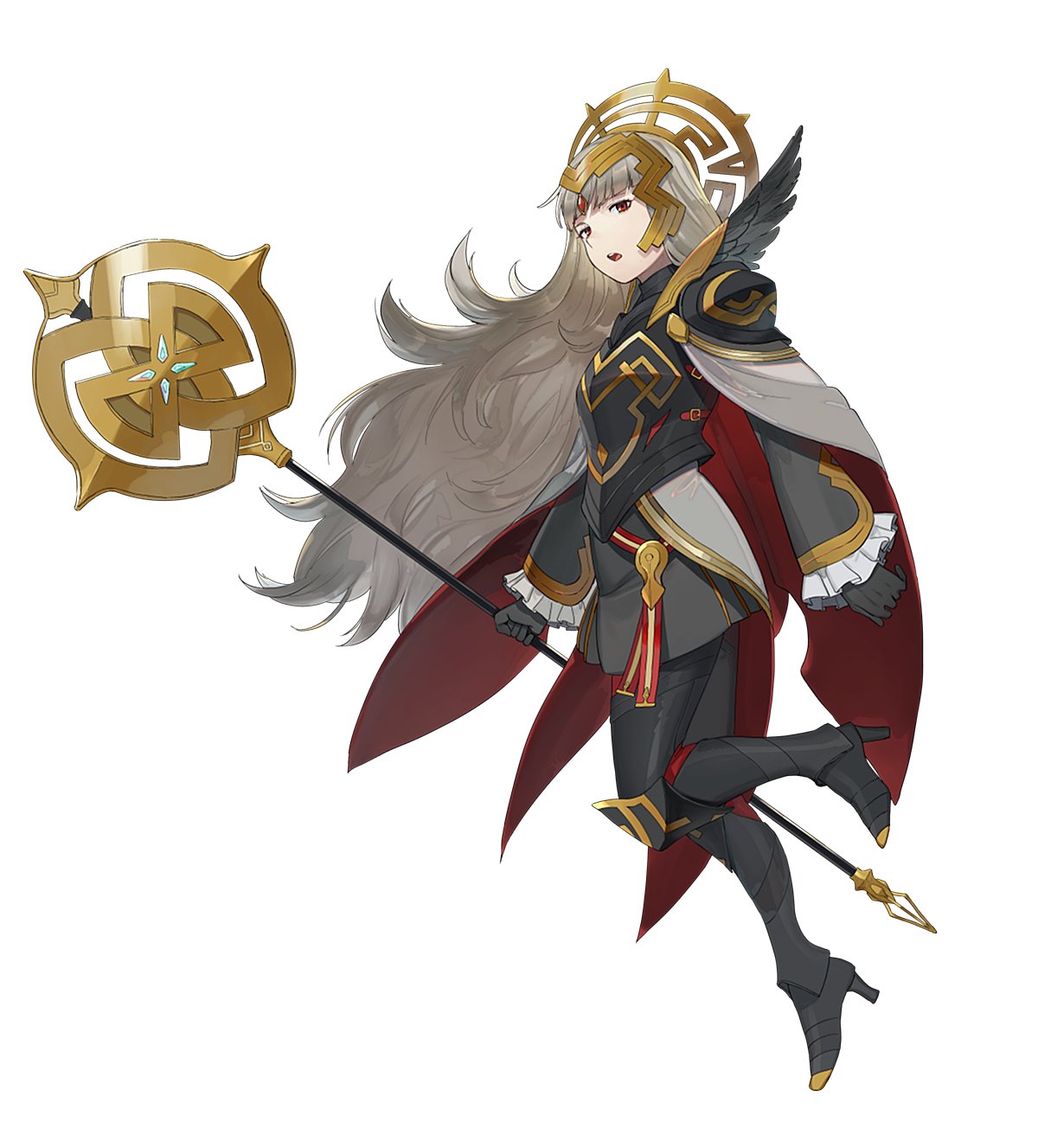 1girl armor black_armor black_gloves cape crown fire_emblem fire_emblem_heroes full_body gloves grey_hair hair_ornament high_heels highres holding holding_staff kyufe long_hair long_sleeves open_mouth red_eyes shoulder_armor simple_background solo staff veronica_(fire_emblem) white_background