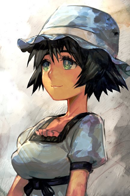 1girl bangs black_hair breasts collarbone dress hankuri looking_to_the_side puffy_short_sleeves puffy_sleeves shiina_mayuri short_hair short_sleeves smile solo steins;gate upper_body