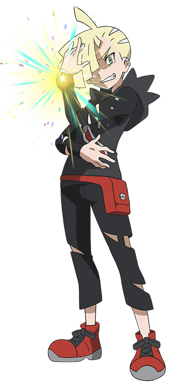 blonde_hair cowlick creatures_(company) game_freak gladio_(pokemon) green_eyes hood hoodie nintendo official_art pokemon pokemon_(anime) pokemon_sm_(anime) red_footwear shoes smirk torn_clothes z-ring