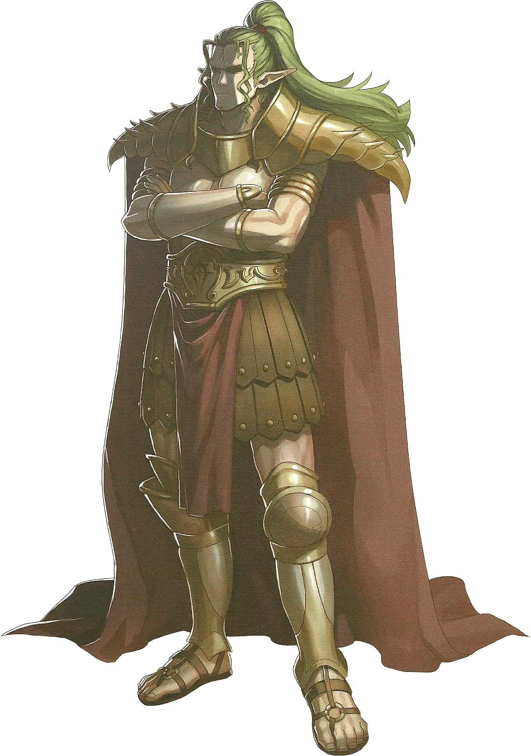 1boy armor bracelet cape crossed_arms doma_(fire_emblem) fire_emblem fire_emblem_echoes:_mou_hitori_no_eiyuuou full_body green_hair hidari_(left_side) highres jewelry long_hair male_focus official_art pointy_ears ponytail sandals scan solo transparent_background