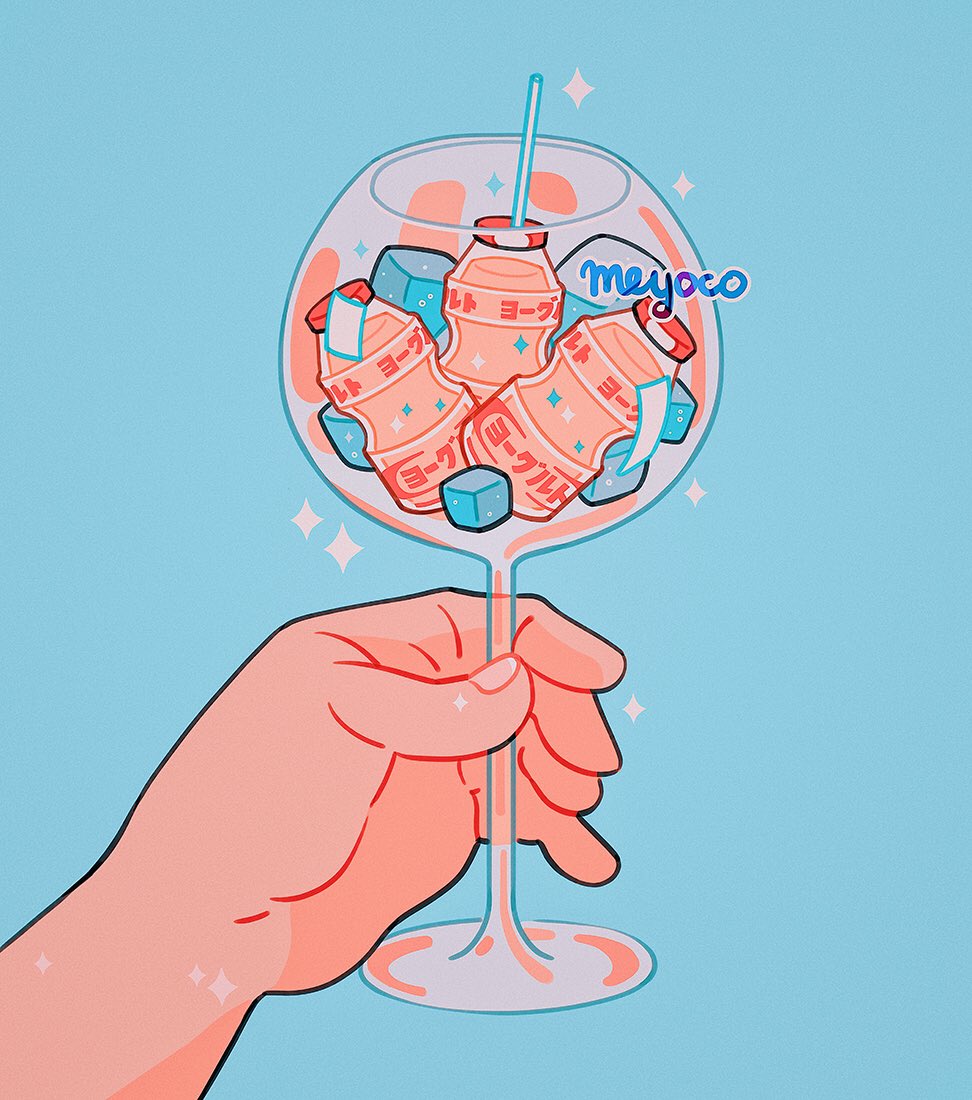 artist_name blue_background bottle cup drink drinking_glass drinking_straw glass hands holding holding_cup ice ice_cube meyoco original simple_background soda_bottle sparkle translated wine_glass yakult