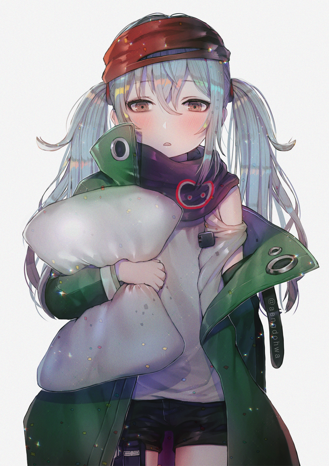 1girl alternate_hairstyle bags_under_eyes bangs black_shorts blush brown_eyes coat confetti cowboy_shot eyebrows_visible_through_hair g11_(girls_frontline) girls_frontline green_coat grey_background grey_shirt hair_between_eyes hair_tie hanato_(seonoaiko) highres holding long_hair looking_at_viewer open_clothes open_coat open_mouth pillow pillow_hug scarf scarf_on_head shirt short_shorts shorts shoulder_cutout sidelocks silver_hair simple_background solo tied_hair twintails twitter_username very_long_hair