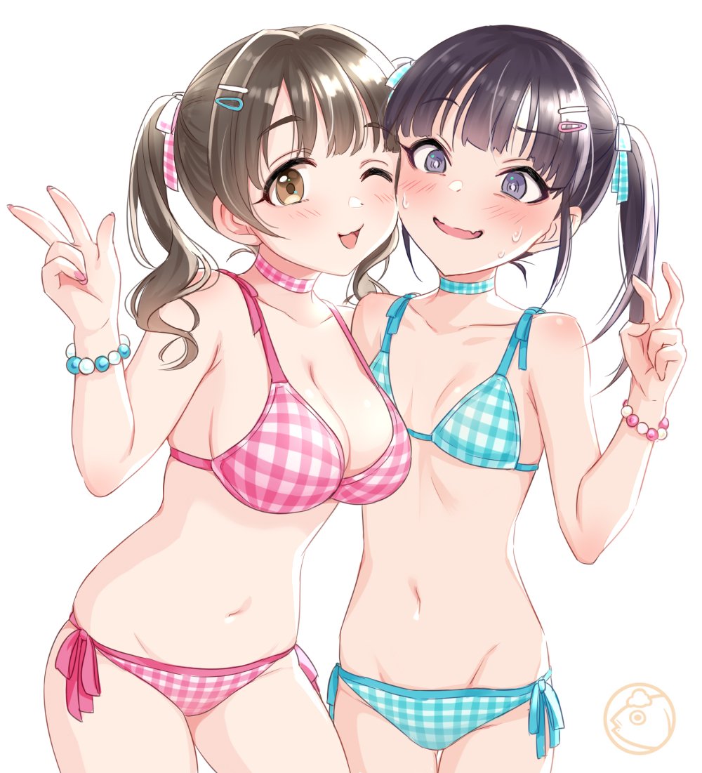 2girls bangs bikini black_hair blue_bikini blue_choker blue_ribbon blush bracelet breasts bright_pupils brown_eyes brown_hair choker cleavage commentary_request copyright_request cowboy_shot eyebrows_visible_through_hair fag hair_ribbon hairband hand_up jewelry large_breasts looking_at_viewer multiple_girls navel parted_lips pink_bikini pink_choker pink_ribbon ribbon short_hair side-tie_bikini simple_background skindentation small_breasts smile sweatdrop swimsuit tsukana_(saba_mizore) twintails violet_eyes w white_background wide-eyed