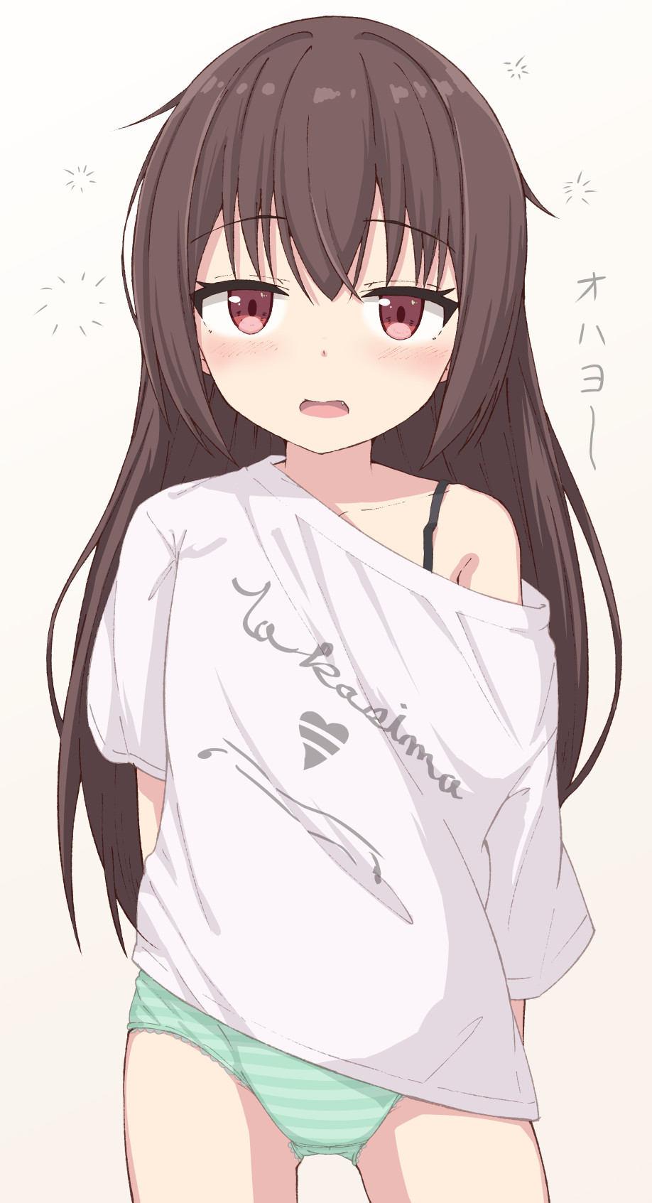 1girl ass_visible_through_thighs bangs bare_shoulders blush brown_background brown_hair clothes_writing collarbone commentary_request cowboy_shot eyebrows_visible_through_hair hair_between_eyes highres hippo_(hirople) long_hair looking_at_viewer off_shoulder open_mouth original panties red_eyes shirt short_sleeves simple_background sleepy solo standing striped striped_panties translation_request underwear very_long_hair wavy_mouth white_shirt