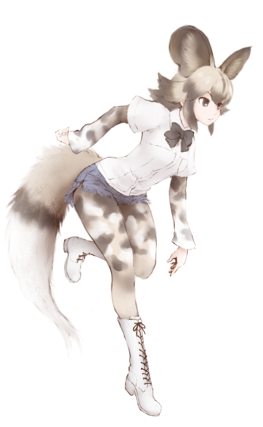 1girl african_wild_dog_(kemono_friends) african_wild_dog_print animal_ears black_hair black_neckwear boots bow bowtie cross-laced_footwear cutoffs dog_ears dog_tail extra_ears eyebrows_visible_through_hair full_body grey_hair ise_(0425) kemono_friends knee_boots long_sleeves looking_away micro_shorts multicolored_hair pantyhose print_legwear print_sleeves shirt short_over_long_sleeves short_sleeves shorts simple_background solo standing standing_on_one_leg tail tiptoes white_background white_footwear white_shirt