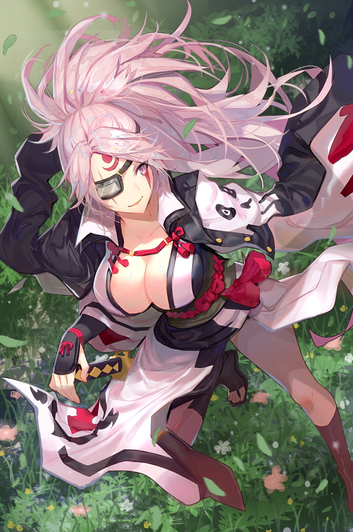 1girl arm_guards baiken bangs black_footwear black_jacket black_kimono breasts brown_legwear cleavage collarbone commentary_request day eyepatch facial_mark fingernails forehead_mark grass guilty_gear hand_on_hilt jacket jacket_on_shoulders japanese_clothes katana kimono kneehighs large_breasts lloule long_hair long_sleeves looking_away looking_to_the_side multicolored multicolored_clothes multicolored_kimono obi outdoors parted_bangs parted_lips pink_eyes pink_hair ponytail sandals sash scar scar_across_eye smile solo standing sword toeless_legwear very_long_hair weapon white_kimono wide_sleeves