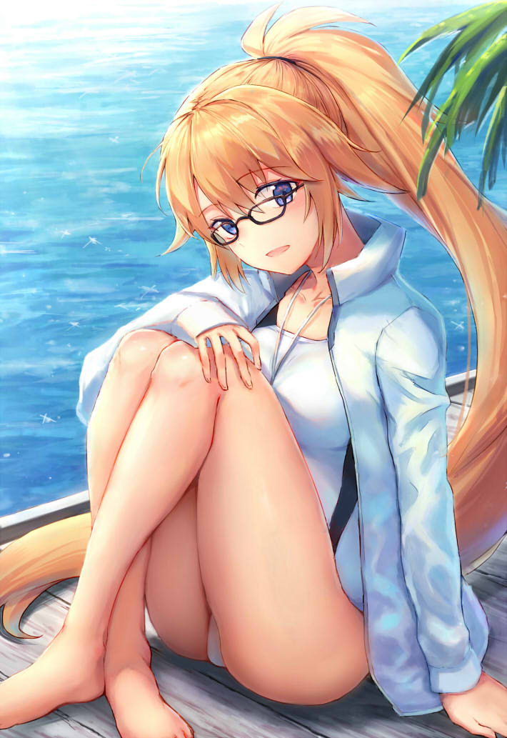 1girl bespectacled black-framed_eyewear blonde_hair blue_eyes commentary_request competition_swimsuit fate/grand_order fate_(series) glasses jacket jeanne_d'arc_(fate)_(all) jeanne_d'arc_(swimsuit_archer) long_hair ocean one-piece_swimsuit open_clothes open_jacket palm_tree ponytail rectangular_eyewear sitting solo swimsuit swimsuit_under_clothes track_jacket tree very_long_hair whistle whistle_around_neck white_jacket white_swimsuit yan_h_chau