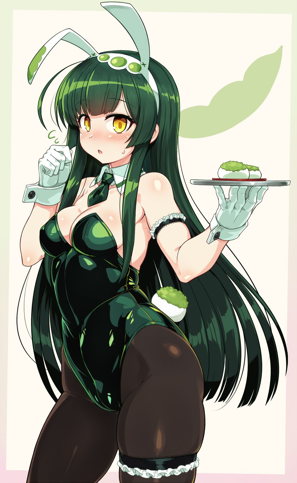 1girl ahoge animal_ears bare_shoulders black_legwear blush breasts bunny_girl bunny_tail bunnysuit cleavage covered_navel detached_collar fake_animal_ears green_hair green_hairband hairband highres large_breasts leotard long_hair looking_at_viewer mochi null_(nyanpyoun) open_mouth pantyhose pea_pod playboy_bunny_leotard rabbit_ears skindentation solo strapless strapless_leotard sweatdrop tail thigh_strap touhoku_zunko tray very_long_hair vocaloid voiceroid wrist_cuffs yellow_eyes