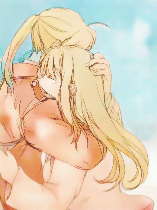 1boy 1girl antenna_hair blonde_hair closed_eyes coat couple day earrings edward_elric eyebrows_visible_through_hair fingernails floating_hair fullmetal_alchemist hand_on_another's_head happy height_difference hetero hug jewelry long_hair outdoors ponytail sky smile tsukuda0310 upper_body winry_rockbell
