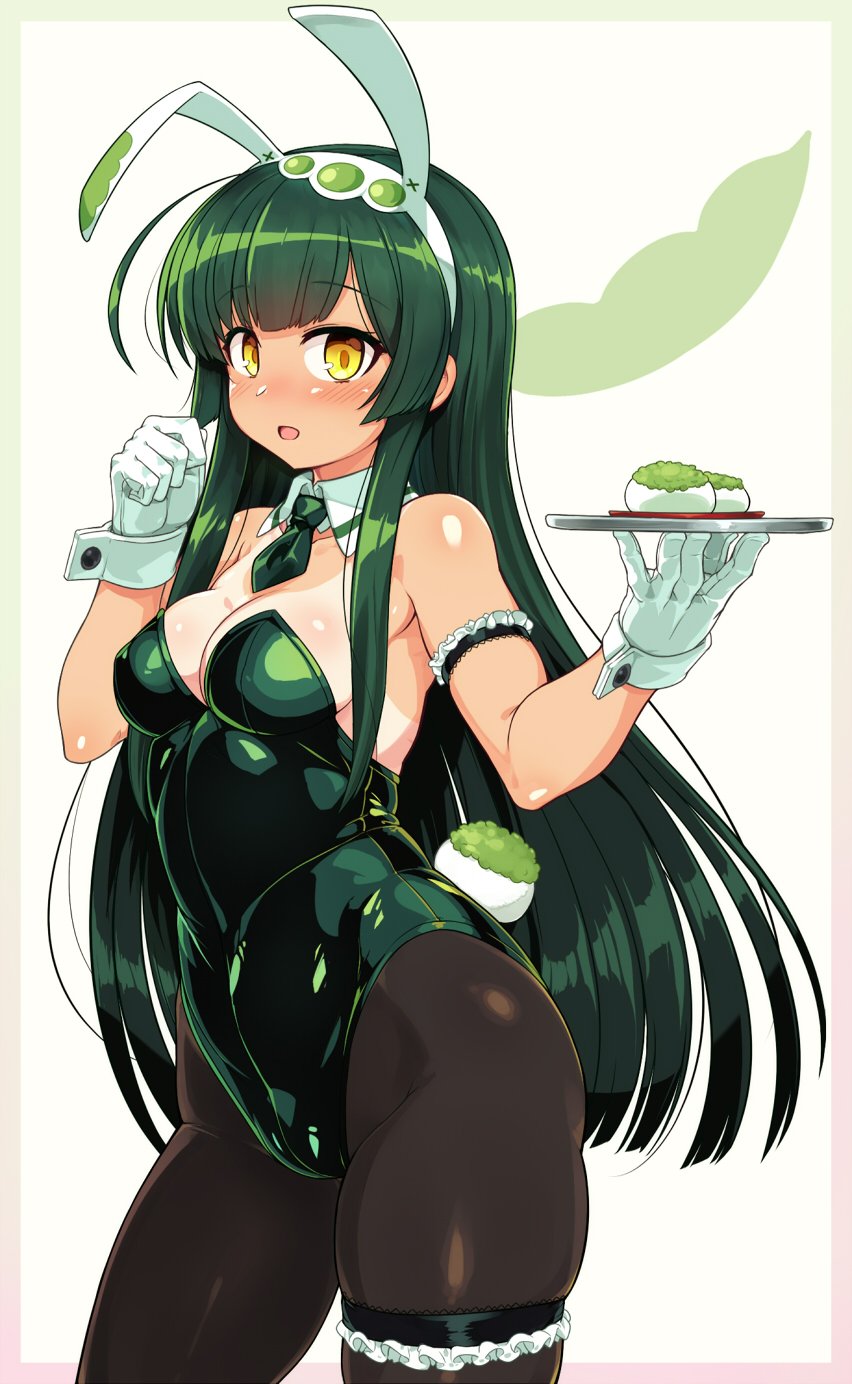 1girl ahoge animal_ears bare_shoulders black_legwear blush breasts bunny_girl bunny_tail bunnysuit cleavage covered_navel detached_collar fake_animal_ears green_hair green_hairband hairband highres large_breasts leotard long_hair looking_at_viewer mochi null_(nyanpyoun) open_mouth pantyhose pea_pod playboy_bunny_leotard rabbit_ears skindentation solo strapless strapless_leotard tail tan thigh_strap touhoku_zunko tray very_long_hair vocaloid voiceroid wrist_cuffs yellow_eyes