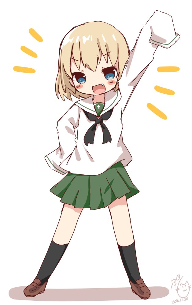 1girl :d alternate_costume arm_up artist_name bangs black_legwear black_neckwear blonde_hair blouse blue_eyes blush_stickers brown_footwear commentary dated eyebrows_visible_through_hair fang full_body girls_und_panzer green_skirt hand_on_hip katyusha loafers long_sleeves looking_at_viewer miniskirt neckerchief notice_lines ooarai_school_uniform open_mouth oversized_clothes pleated_skirt pumo_(kapuchiya) school_uniform serafuku shadow shoes short_hair signature skirt sleeves_past_wrists smile socks solo standing v-shaped_eyebrows watermark white_background white_blouse