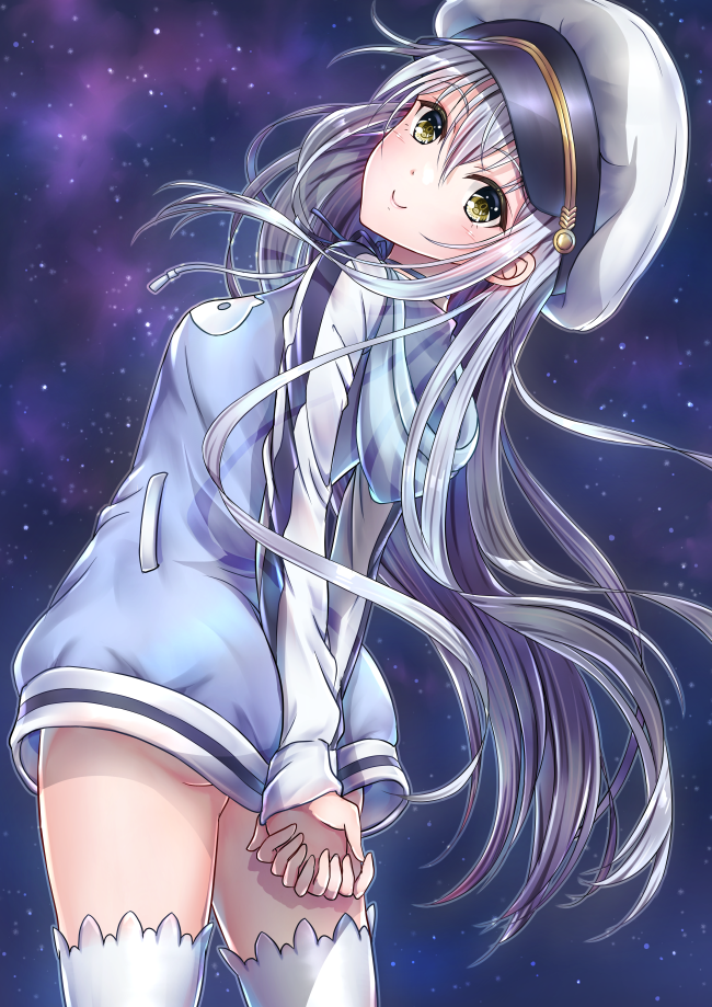 1girl arms_behind_back ass blue_dress commentary_request dress from_behind green_eyes hands_together hat head_tilt hood hoodie_dress hoshimaemi island_(game) leaning_back long_hair looking_back night night_sky ohara_rinne peaked_cap short_dress sky smile solo star_(sky) thigh-highs very_long_hair white_legwear zettai_ryouiki