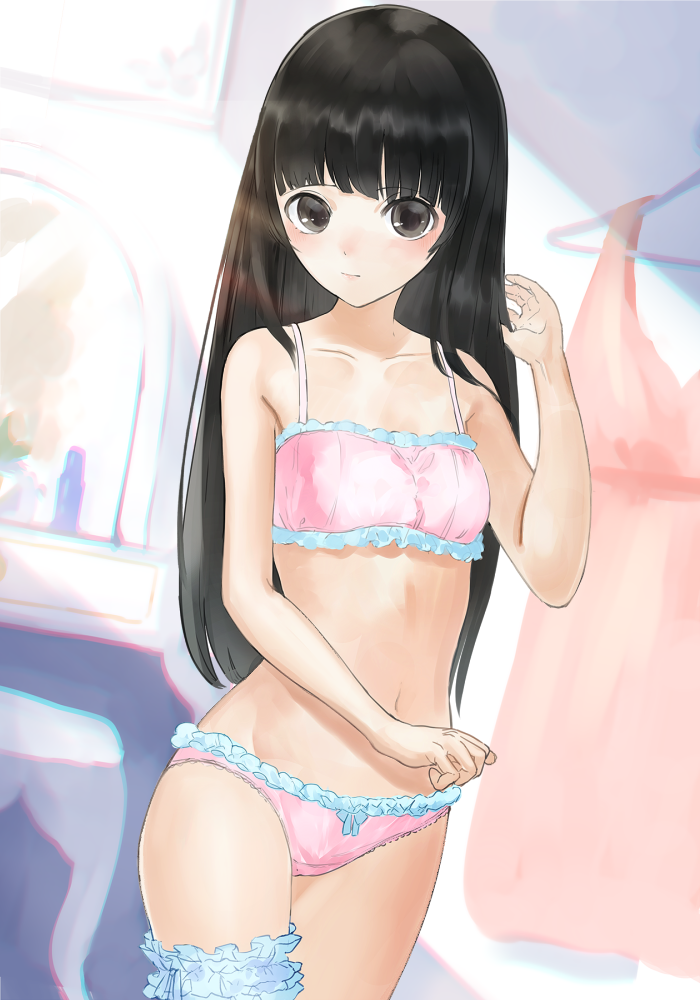 1girl bangs bare_arms bare_shoulders black_eyes black_hair blush bow bow_panties bra breasts closed_mouth clothes_hanger collarbone commentary_request dress dress_removed dutch_angle eyebrows_visible_through_hair frilled_bra frilled_panties frills hand_up indoors leg_garter looking_at_viewer mirror navel original panties pink_bra pink_dress pink_panties shii_(kairi-t-k0317) sleeveless sleeveless_dress small_breasts solo standing underwear vanity_table