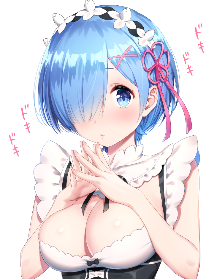 1girl black_bow black_neckwear black_ribbon black_skirt blue_eyes blue_hair blush bow breasts cleavage closed_mouth commentary_request fingers_together hair_ornament hair_over_one_eye hairclip heartbeat large_breasts looking_at_viewer maid maid_headdress neck_ribbon one_eye_covered re:zero_kara_hajimeru_isekai_seikatsu rem_(re:zero) revision ribbon short_hair simple_background skirt solo steepled_fingers suspender_skirt suspenders upper_body white_background x_hair_ornament yasuyuki