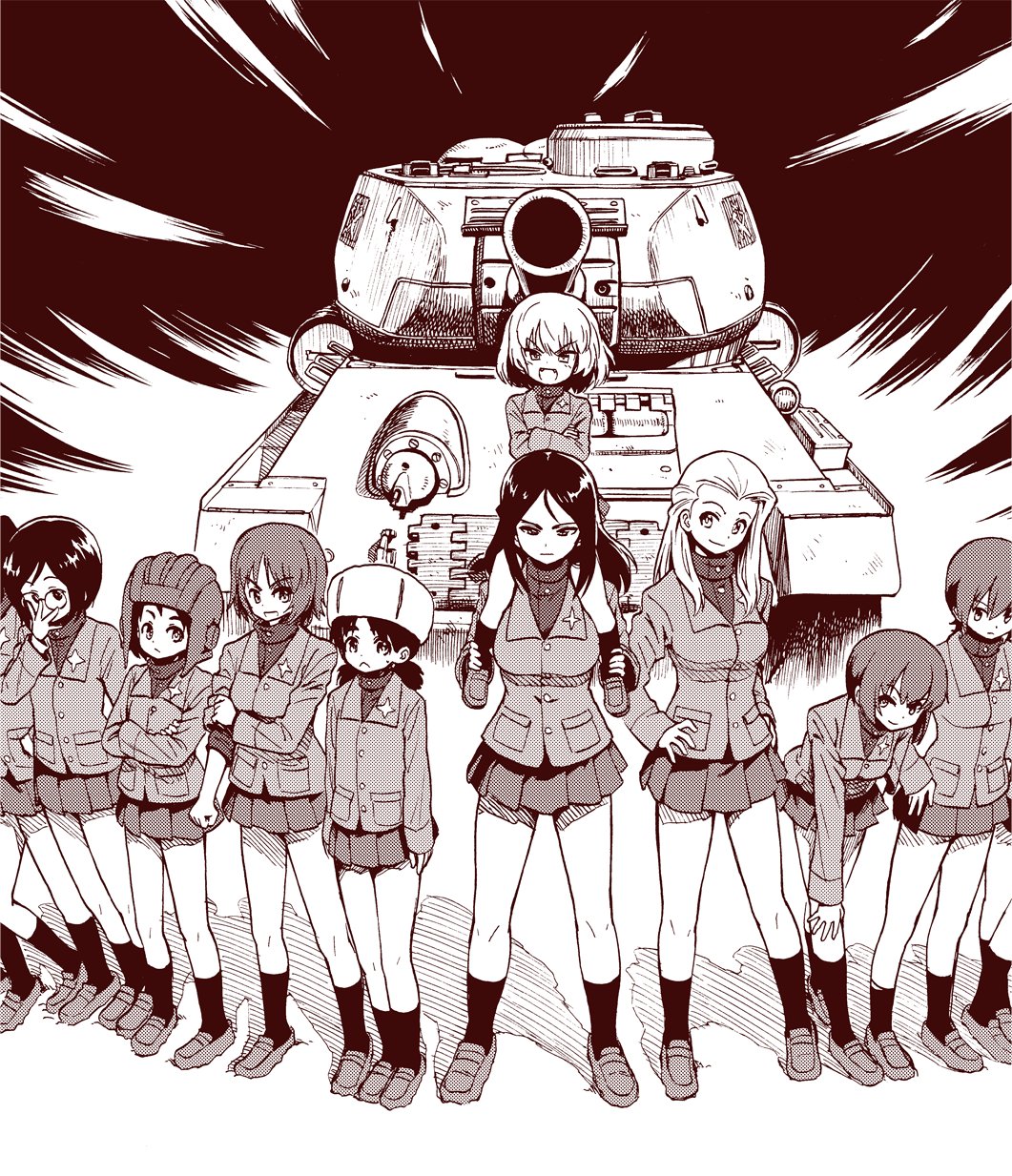6+girls alina_(girls_und_panzer) bangs carrying clara_(girls_und_panzer) closed_mouth commentary crossed_arms emblem extra eyebrows_visible_through_hair fang frown fur_hat girls_und_panzer glasses greyscale ground_vehicle halftone hand_on_hip hand_on_own_knee hat highres jacket katyusha leaning_forward loafers long_hair long_sleeves looking_at_viewer military military_vehicle miniskirt monochrome motor_vehicle multiple_girls nina_(girls_und_panzer) nonna open_mouth pleated_skirt pravda_school_uniform round_eyewear sabaku_chitai school_uniform shadow shirt shoes short_hair shoulder_carry skirt sleeves_rolled_up smile socks standing standing_at_attention swept_bangs t-34 tank tank_helmet turtleneck ushanka v-shaped_eyebrows