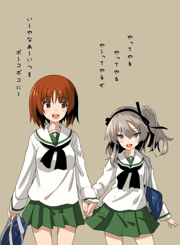 2girls alternate_costume bag bangs black_neckwear black_ribbon blouse blush brown_background brown_eyes brown_hair carrying commentary cross eyebrows_visible_through_hair girls_und_panzer green_skirt hair_ribbon hand_holding holding iwasaki_takashi light_brown_eyes light_brown_hair long_hair long_sleeves looking_at_viewer miniskirt multiple_girls music neckerchief nishizumi_miho ooarai_school_uniform open_mouth pleated_skirt ribbon school_bag school_uniform serafuku shimada_arisu short_hair side_ponytail simple_background singing single_stripe skirt smile standing white_blouse