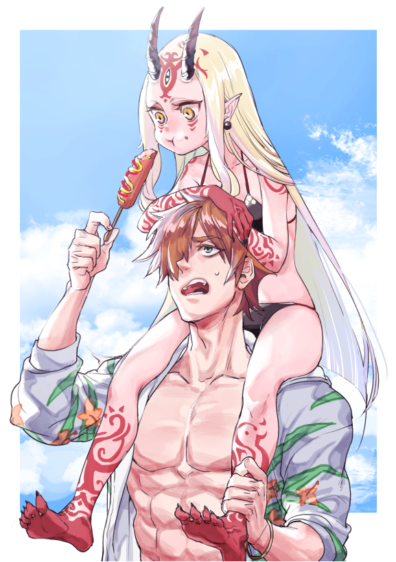 1boy 1girl :t ankle_grab barefoot bikini black_bikini blonde_hair carrying commentary_request d: earrings eating facial_mark fate/grand_order fate_(series) floral_print food food_on_face forehead_mark hair_over_one_eye hamitamako hands_on_another's_head hood hoodie horns hot_dog ibaraki_douji_(fate/grand_order) ibaraki_douji_(swimsuit_lancer)_(fate) jewelry ketchup leg_tattoo long_hair muscle mustard oni_horns open_clothes open_hoodie open_mouth pointy_ears print_hoodie robin_hood_(fate) sharing_food sharp_toenails shirtless shoulder_carry sweatdrop swimsuit tattoo toenails very_long_hair