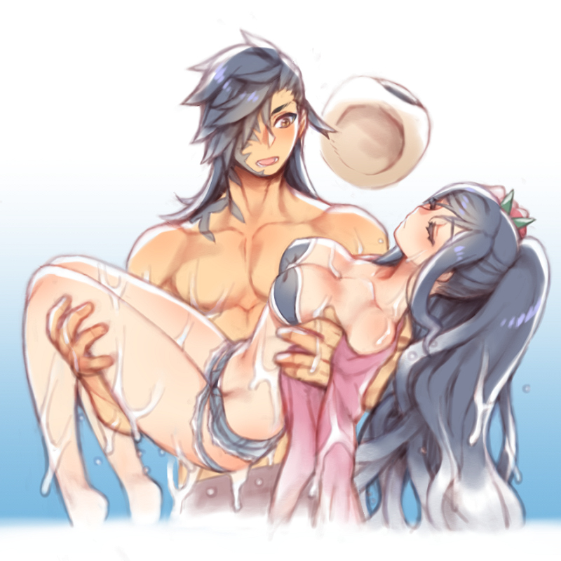 1boy 1girl :o alternate_costume alternate_hairstyle bare_legs barefoot bikini black_bikini black_hair blue_background breasts carrying cleavage closed_eyes collarbone couple cowboy_shot folks_(nabokof) gradient gradient_background hair_over_one_eye hat hat_removed headwear_removed long_hair medium_breasts muscle open_mouth ponytail princess_carry rokurou_rangetsu shirtless short_shorts shorts simple_background sun_hat swimsuit tales_of_(series) tales_of_berseria torn_clothes torn_shorts unconscious velvet_crowe wet white_background
