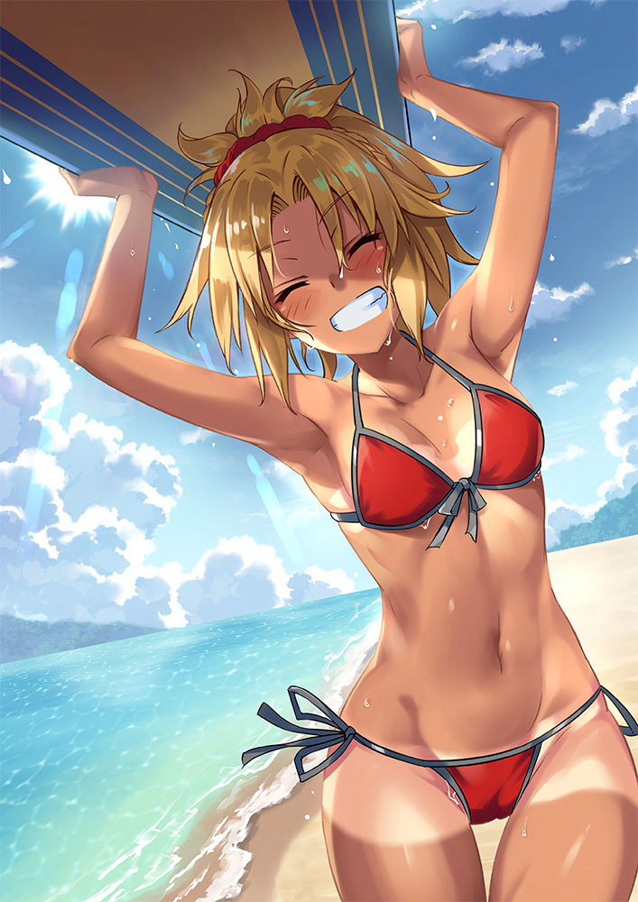 1girl beach bikini blonde_hair blush closed_eyes clouds commentary_request cowboy_shot day fate/grand_order fate_(series) front-tie_top gia_kon hair_ornament hair_scrunchie mordred_(fate) mordred_(fate)_(all) mordred_(swimsuit_rider)_(fate) navel ocean ponytail prydwen red_bikini red_scrunchie scrunchie side-tie_bikini smile solo surfboard swimsuit tan tanline