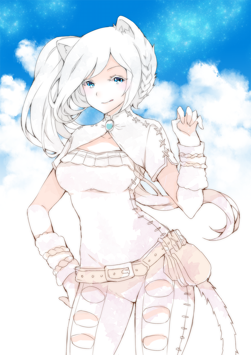 1girl animal_ears belt blue_background blue_eyes blush braid breasts clouds cloudy_sky commentary commission contrapposto cowboy_shot english_commentary hand_on_hip hand_up highres looking_at_viewer medium_breasts original pants peachpii pouch side_ponytail sky smile solo tail