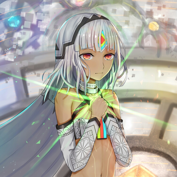 1girl altera_(fate) bangs bare_shoulders choker closed_mouth collarbone dark_skin detached_sleeves eyebrows_visible_through_hair fate/extella fate/extra fate/grand_order fate_(series) feet_out_of_frame full_body_tattoo hand_on_own_chest hands_clasped headdress hokori_sakuni jewelry looking_at_viewer midriff navel own_hands_together red_eyes short_hair solo standing stomach_tattoo symbol_commentary tagme tan tattoo white_hair