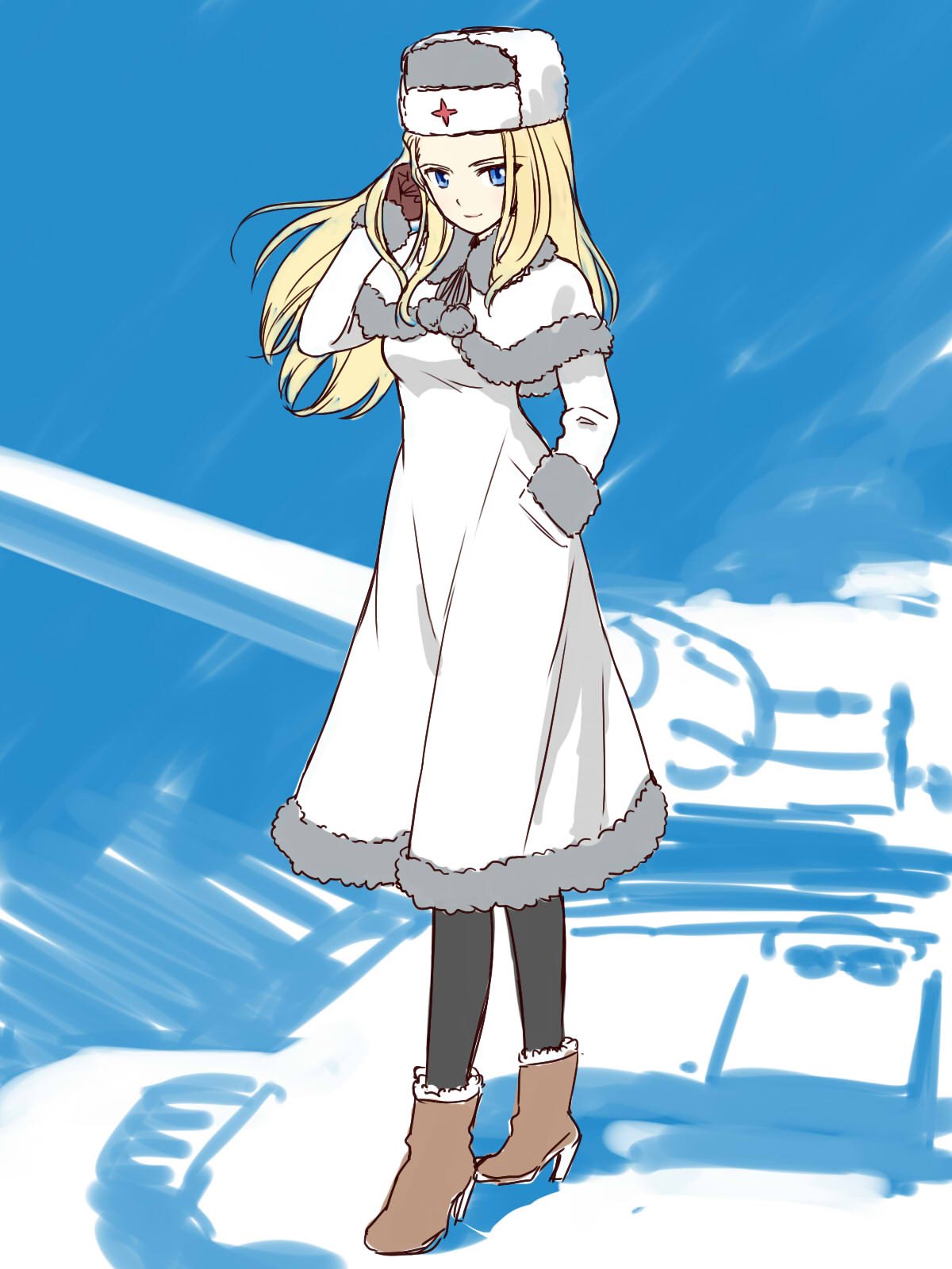 1girl black_gloves black_legwear blonde_hair blue_eyes boots brown_footwear capelet clara_(girls_und_panzer) closed_mouth commentary dress emblem full_body fur_hat girls_und_panzer gloves ground_vehicle hand_in_hair hand_in_pocket hat high_heel_boots high_heels highres long_dress long_hair long_sleeves looking_at_viewer military military_vehicle motor_vehicle pantyhose sabaku_chitai smile solo standing tank ushanka white_capelet white_coat white_hat wind