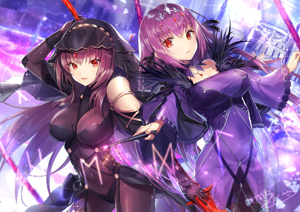 2girls bangs bodysuit breasts commentary_request dress eyebrows_visible_through_hair fate/grand_order fate_(series) feather_trim gae_bolg hair_between_eyes holding holding_spear holding_wand holding_weapon jewelry kagachi_saku large_breasts long_hair long_sleeves looking_at_viewer multiple_girls parted_lips pauldrons pendant polearm purple_bodysuit purple_dress purple_hair red_eyes scathach_(fate)_(all) scathach_(fate/grand_order) scathach_skadi_(fate/grand_order) smile spear tiara very_long_hair wand weapon wide_sleeves