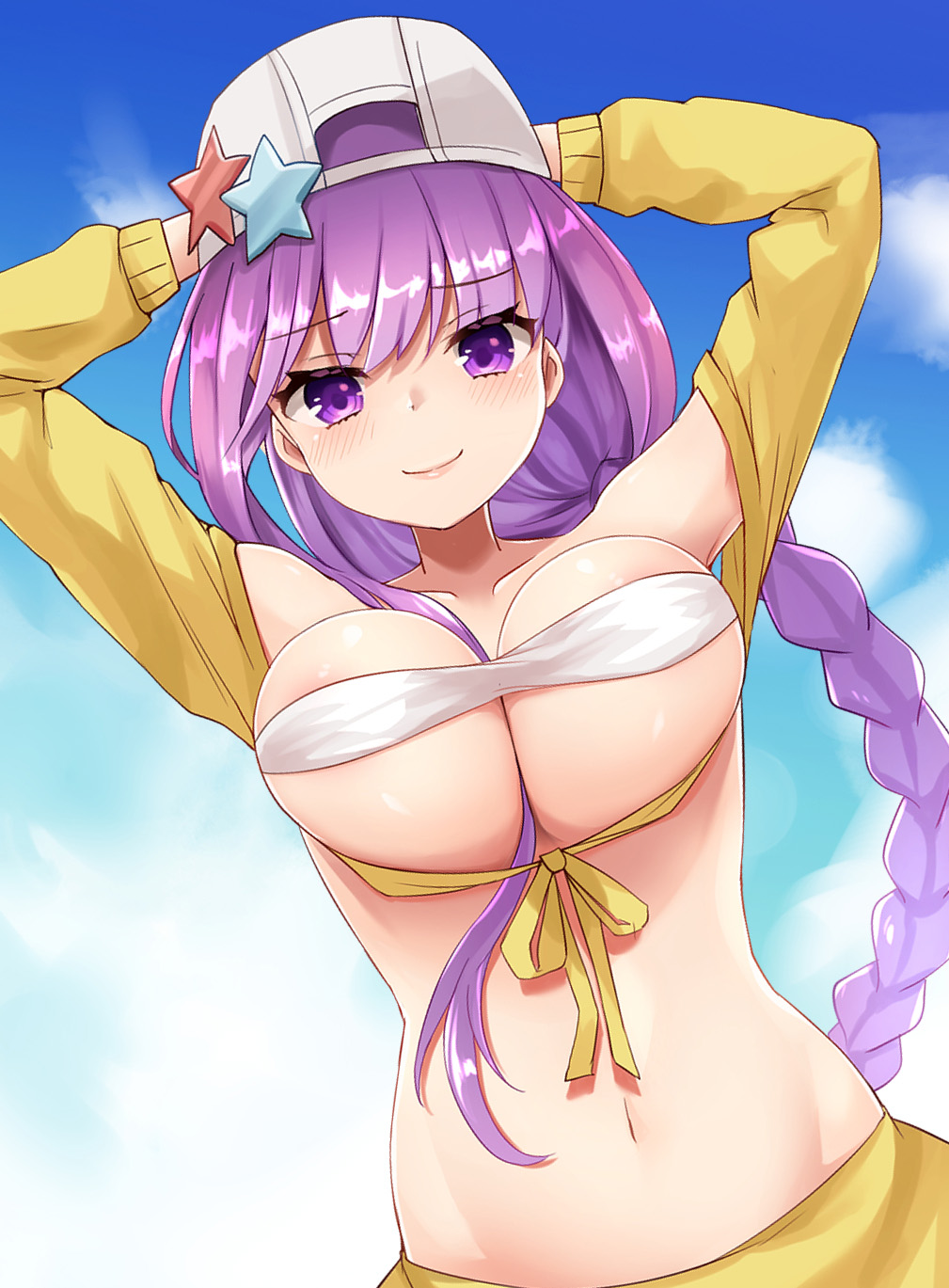 1girl arms_behind_head bandeau bangs bare_shoulders bb_(fate)_(all) bb_(swimsuit_mooncancer)_(fate) between_breasts bikini blush braid breast_lift breasts closed_mouth eyebrows_visible_through_hair fate/grand_order fate_(series) hair_between_breasts hat highres large_breasts long_braid long_hair looking_at_viewer navel oshishio purple_hair shirt single_braid skirt smile solo star swimsuit tied_shirt upper_body very_long_hair violet_eyes white_bikini white_hat yellow_shirt yellow_skirt