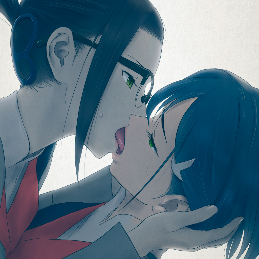 2girls akagi_(fmttps) backlighting black-framed_eyewear blue_hair commentary_request darling_in_the_franxx french_kiss glasses green_eyes hair_ornament hairclip ichigo_(darling_in_the_franxx) ikuno_(darling_in_the_franxx) kiss looking_at_another multiple_girls open_mouth over-rim_eyewear profile semi-rimless_eyewear short_hair sweat yuri