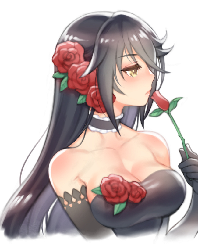 1girl alternate_costume bare_shoulders black_gloves black_neckwear breasts choker cleavage collarbone elbow_gloves expressionless flower folks_(nabokof) gloves hair_flower hair_ornament holding holding_flower looking_away medium_breasts profile red_flower red_rose rose simple_background solo tales_of_(series) tales_of_berseria upper_body velvet_crowe white_background yellow_eyes