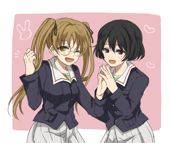 2girls alpachiiino bangs black_eyes black_hair black_ribbon blue_jacket brown_eyes brown_hair clenched_hand commentary emblem girls_und_panzer glasses green_shirt hair_ribbon hands_together heart jacket long_hair long_sleeves looking_at_viewer military military_uniform miniskirt multiple_girls one_eye_closed ooarai_military_uniform oono_aya open_mouth pink_background pleated_skirt rabbit ribbon round_eyewear shirt short_hair skirt smile standing twintails uniform upper_body utsugi_yuuki white_skirt
