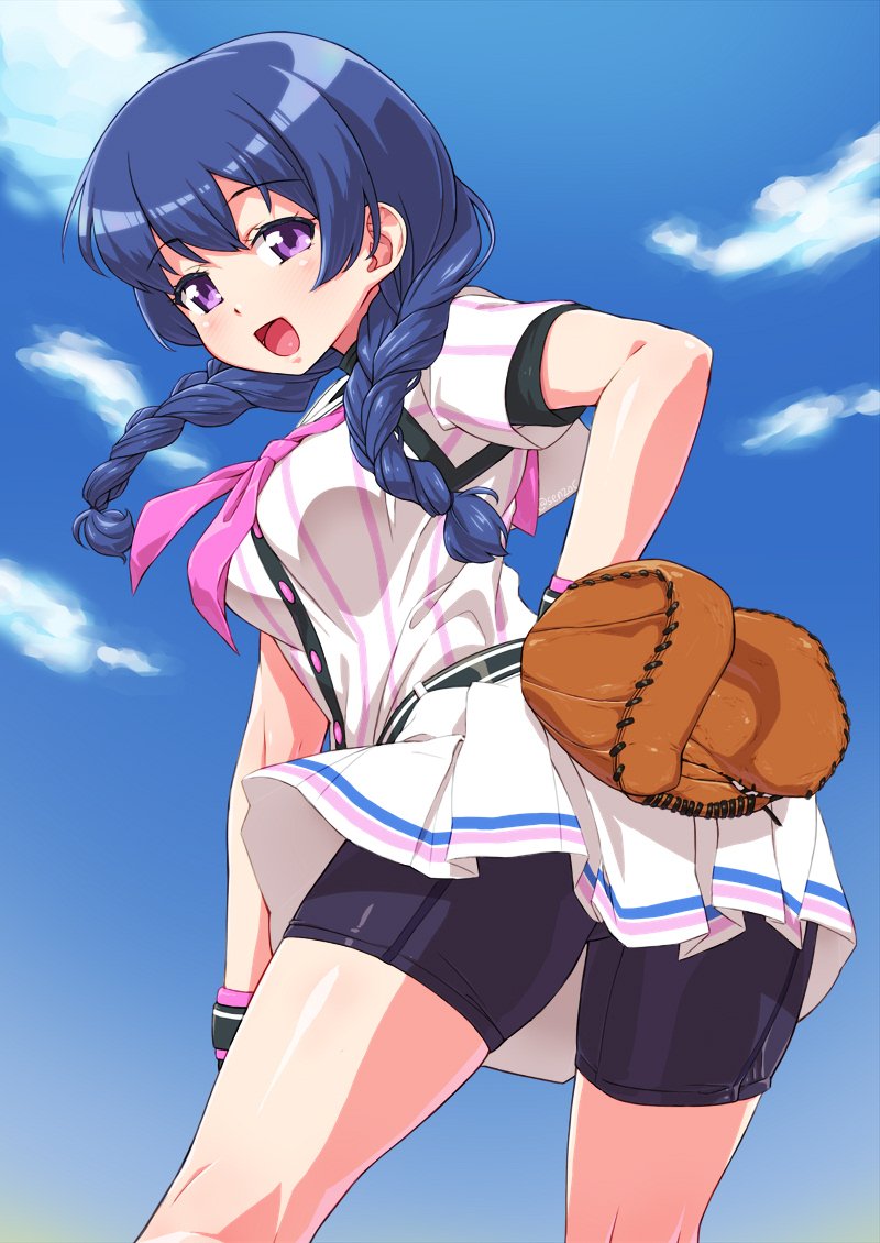 1girl :d baseball_glove baseball_uniform bike_shorts black_shorts blue_hair blue_sky braid clouds cloudy_sky commentary day double_horizontal_stripe dress eyebrows_visible_through_hair hachigatsu_no_cinderella_nine hand_on_hip kondou_saki leaning_forward long_hair looking_back neckerchief open_mouth outdoors pleated_dress purple_neckwear sailor_collar senzoc short_dress short_sleeves shorts shorts_under_dress sky smile sportswear standing twin_braids twintails violet_eyes white_dress wristband